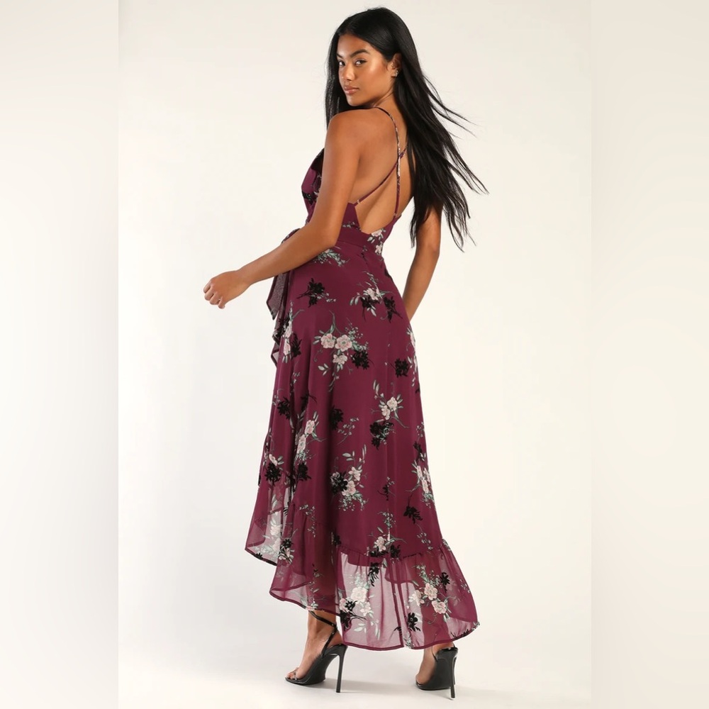 Life of Romance Plum Purple Floral Print Ruffled High-Low Dress Lulus Size L NWT
